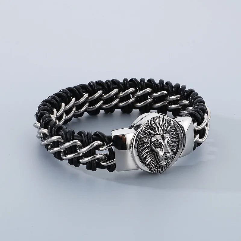 REBEL Fashion Mens Fashion Punk Stainless Steel Bracelet Lion/Wolf Link Chain Bracelet