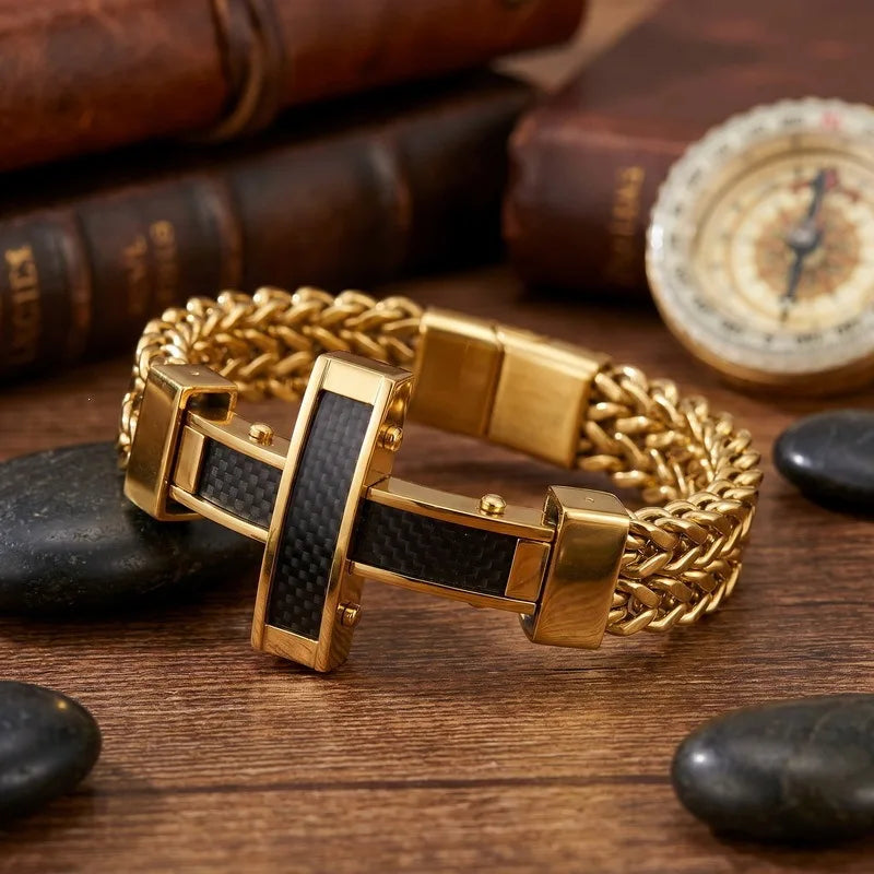 Kalen Hip-hop Luxury Unique Carbon Fiber Cross Double-Sided Chain Bracelet Magnetic Clasp Stainless Steel Men's Bracelet
