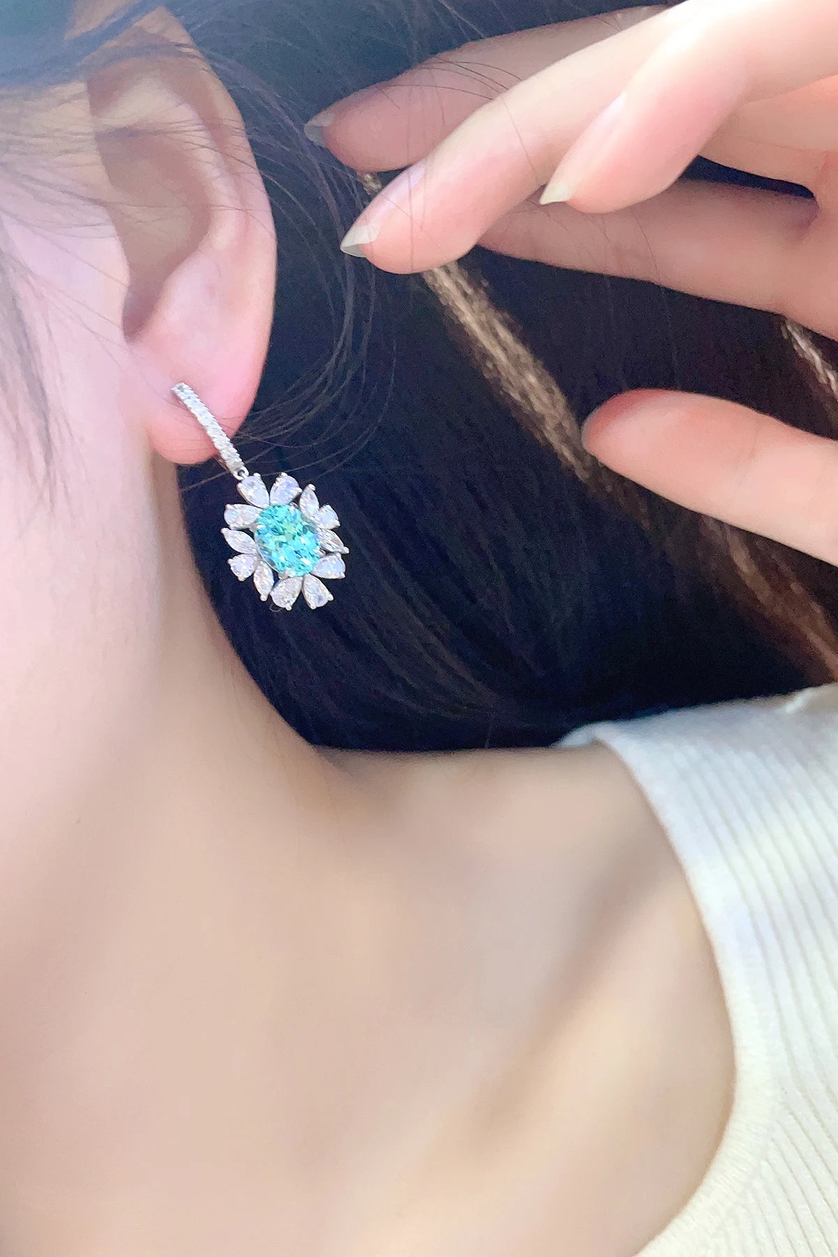 Gemfiori Luxury Lab Diamonds Paraiba S925 Silver Engagement Earrings Lab Grown Gemstone Wedding Jewelry Sets for Women Gift Jewelry