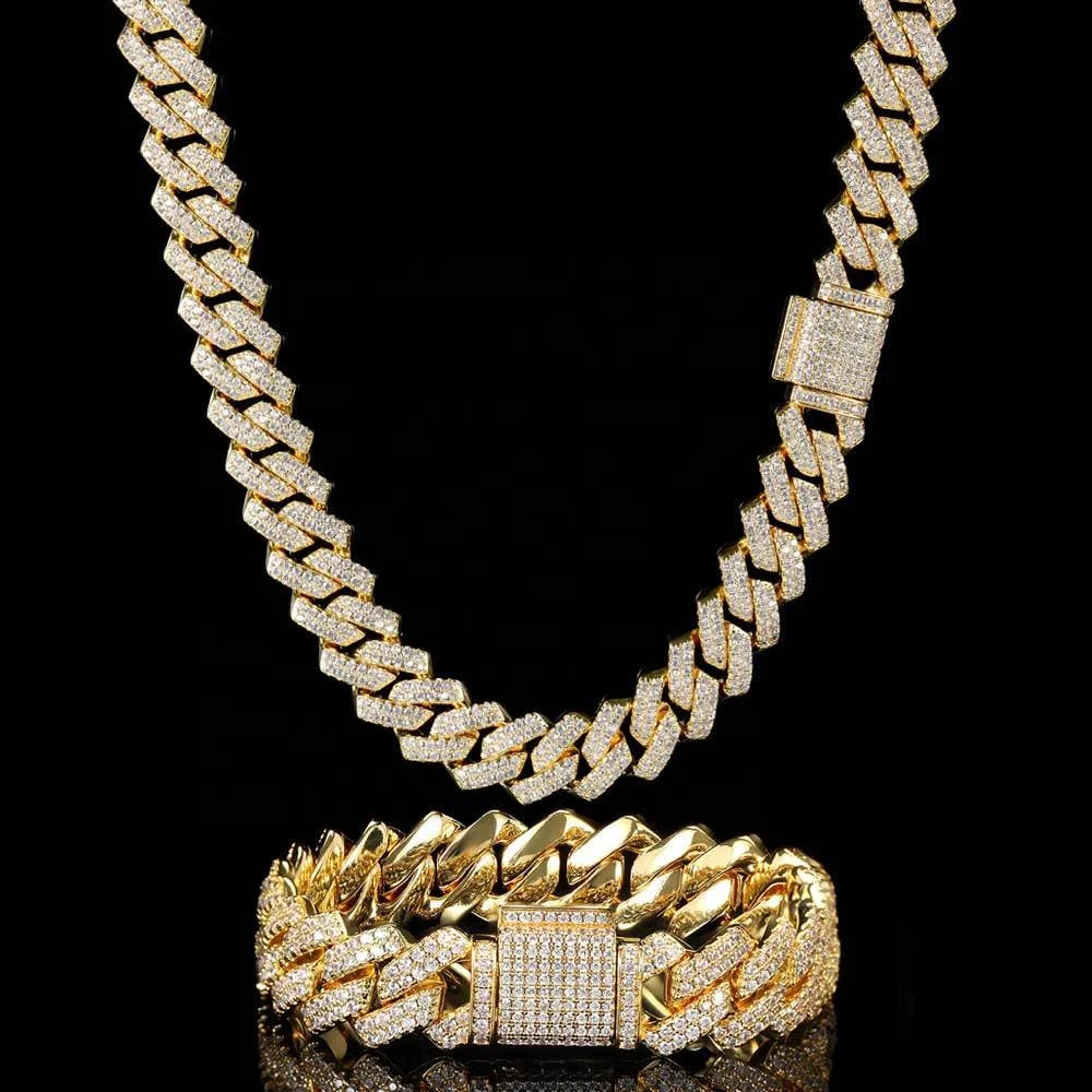S&S European Hot Selling Hip Hop 18K Gold Plated Jewelry Set 14mm Iced Out Miami Cuban Link Chain Necklace and Bracelet Set for Men