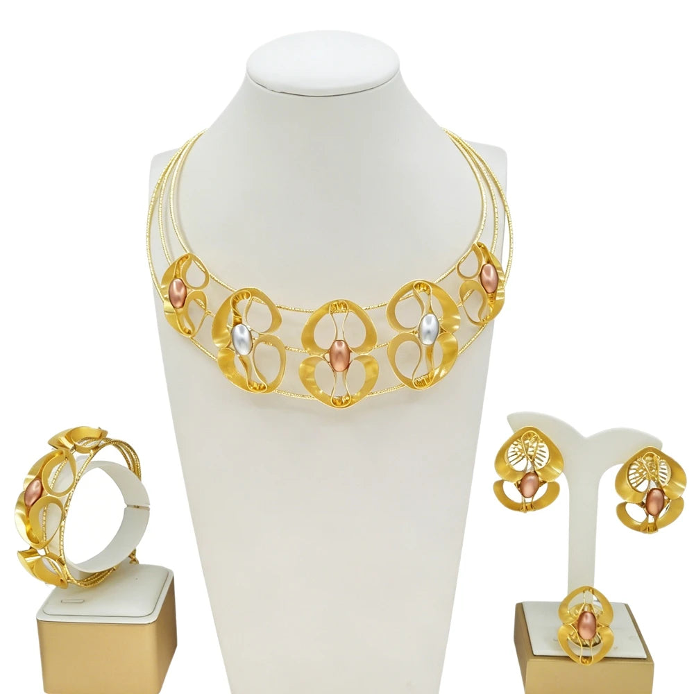 Zhuerrui Alloy Handmade Golden Jewelry Set with Openwork Metal and Multi Tone Pearls Includes Necklace Bangle Earrings and Ring