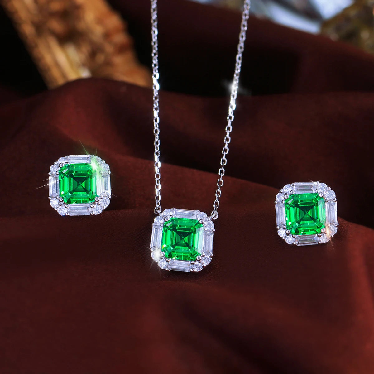 S&S 925 Silver Rhodium Plated Green Zircon Flower Pendant Necklace & Earring Set – Collection