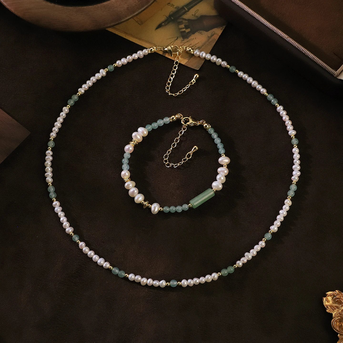GLSEEVO Natural Freshwater Pearl & Green Aventurine Necklace & Bracelet Set — Bohemian Beaded Jewellery