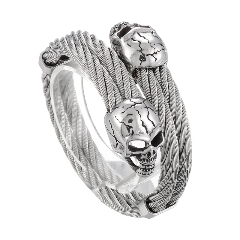 REBEL Mens Punk Stainless Steel Scar Skull Charm Rope Open Bangle Bracelet