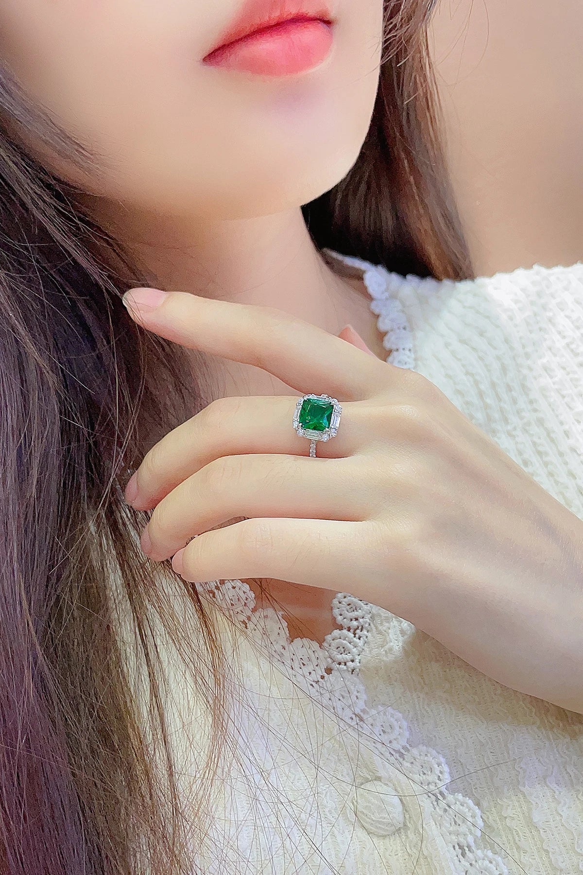 Gemfiori S925 Sterling Silver Ring for Women Colored Ice Flower Cut Asscher Emerald Snowflake Green Zirconia Lab Grown Diamond Ring