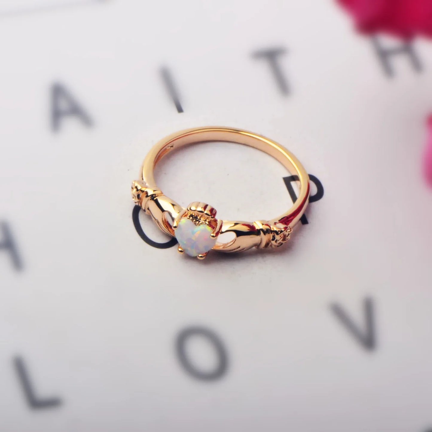 Celtic Claddagh Opal Ring - Heart Opal & Rose-Gold Hand Design | Symbolic Promise Jewelry Bulk Gifts