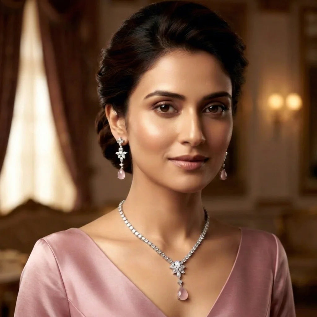 Luxury Pink Floral Drop AD Silver Necklace Set Premium Wedding Party Wear Jewelry with Matching Earrings for Women Set