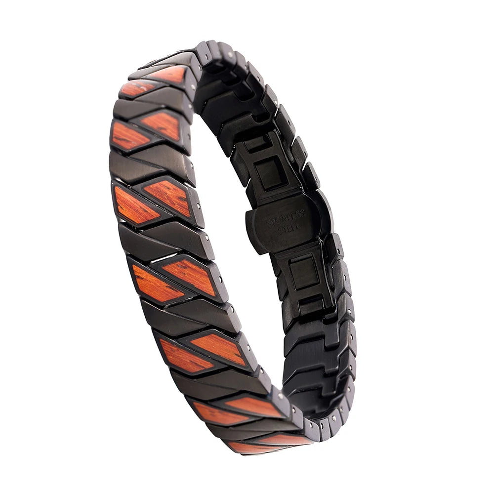 REBEL China Factory Custom Logo Engraving Black Stainless Steel and Red Wood Bracelet for Men