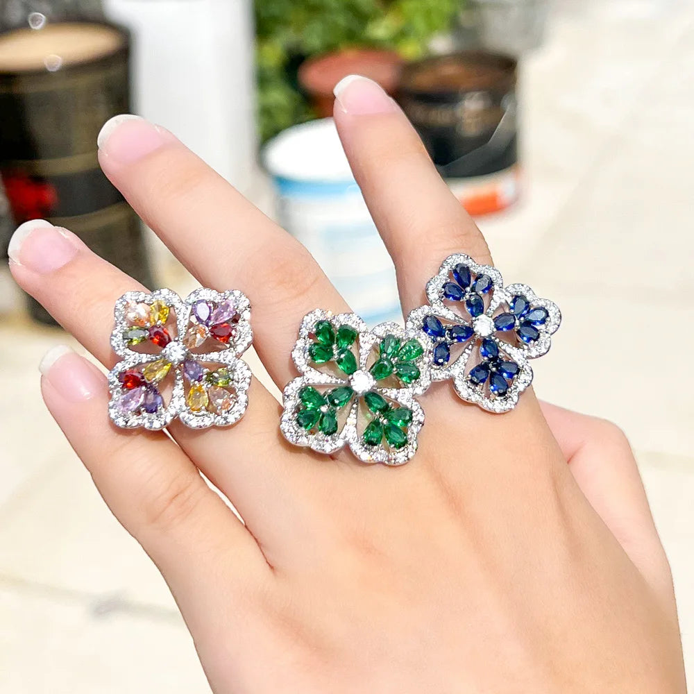 S&S CZ Pavé Chunky Flower Statement Ring – Colourful, Blue & Green – Collection