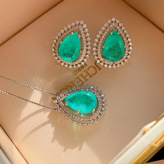 Fashion Eco-friendly Copper 10*14mm Paraiba Zircon Classic Teardrop Pendant Earrings Set Water Drop Jewelry Set for Party