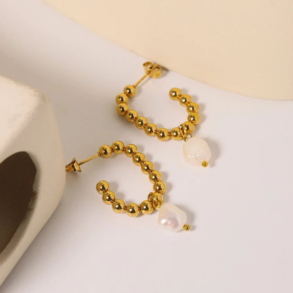 Vintage Stainless Steel Ball J-shaped Earrings 18K Gold Plated Drop Earrings Jewelry Women Exquisite Wedding Gift