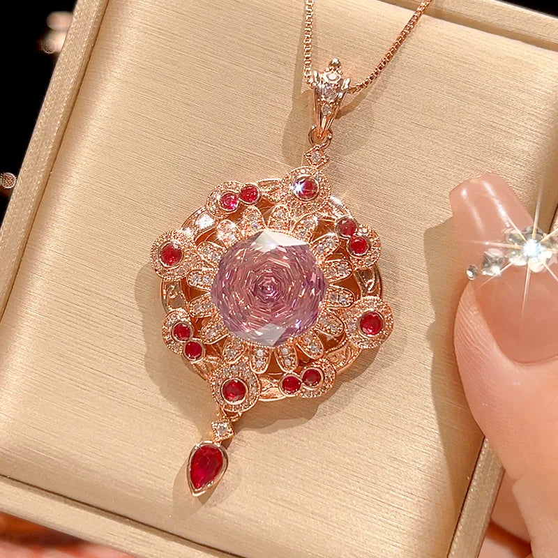 REDheart Fashion Vale Women's Copper Zircon 18K Gold Plated Flower Shape Necklace Accessories Brilliant Cut Orange Tassel Rose Gold