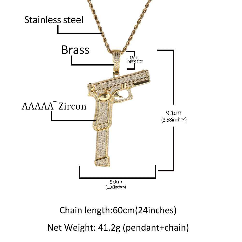 BiG-BOSS Hip Hop Pistol Pendant 18K Gold Plated Brass Pistol Model Necklace Women Mens Rapper Fashion Jewelry