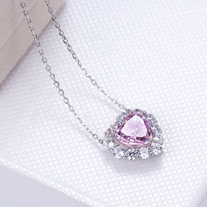 Messi Jewelry MSN-653 Pink Heart Cut High Carbon Diamond Cubic Zirconia Necklace Classic Style Pendant Necklace