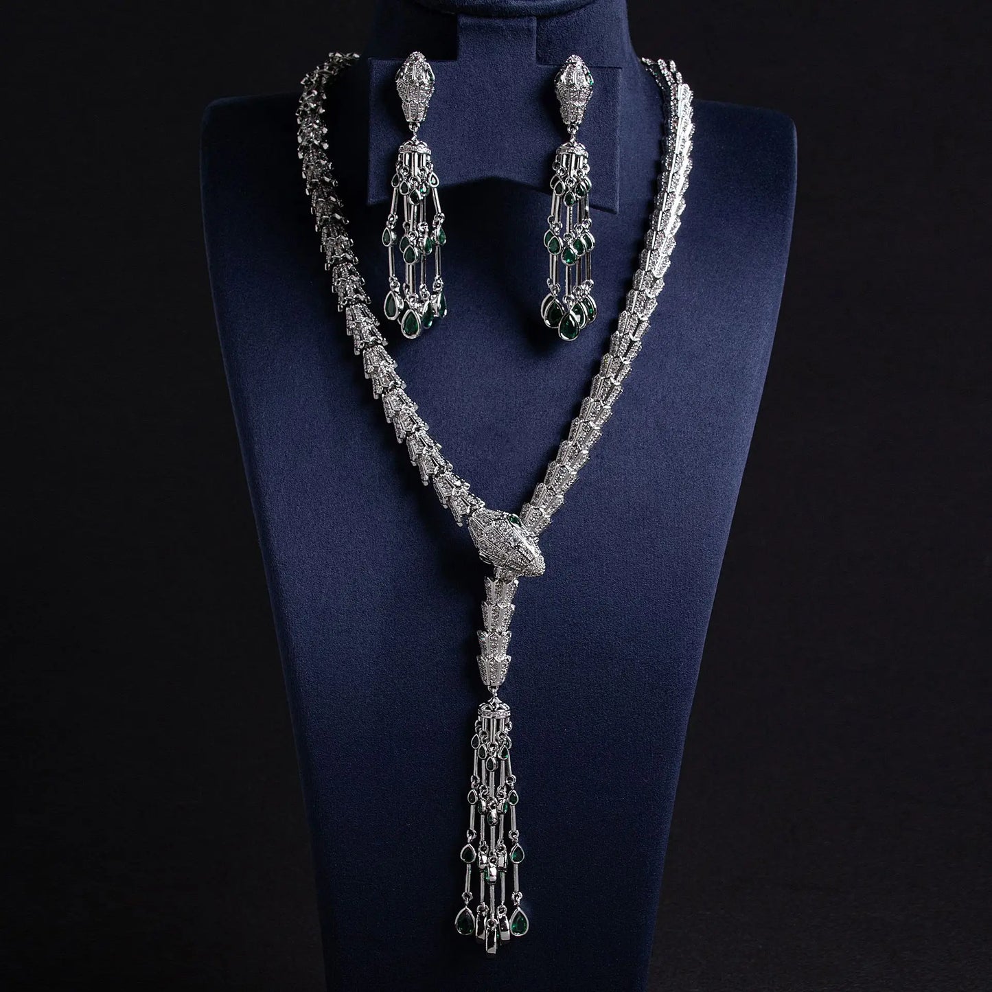 Luxury Pear-Cut Zirconia Snake Tassel Necklace & Earrings Bridal Set — Rhodium Plated
