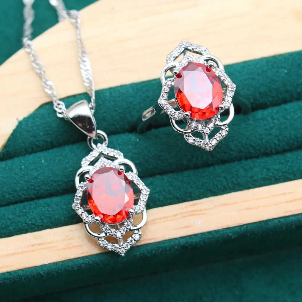 XOTICA 2022 New Red Cubic Zirconia Platinum Plated Classic Wedding Party Jewelry Sets for Women Bracelet Earrings Open Ring Pendant