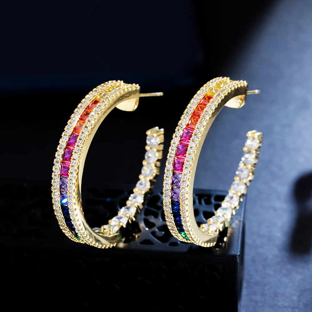 S&S Rainbow CZ Round Hoop Earrings – Princess Cut – 18K Gold Plated – Collection