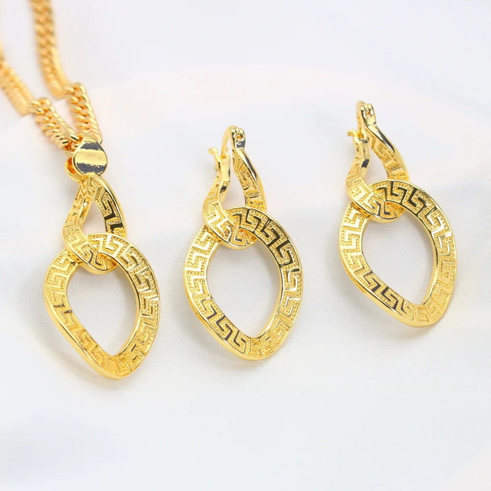 XOTICA Luxury Gold-Toned Arabesque Teardrop Jewelry Set Opulent Middle Eastern Style Wedding Party Necklace Pendant Earrings
