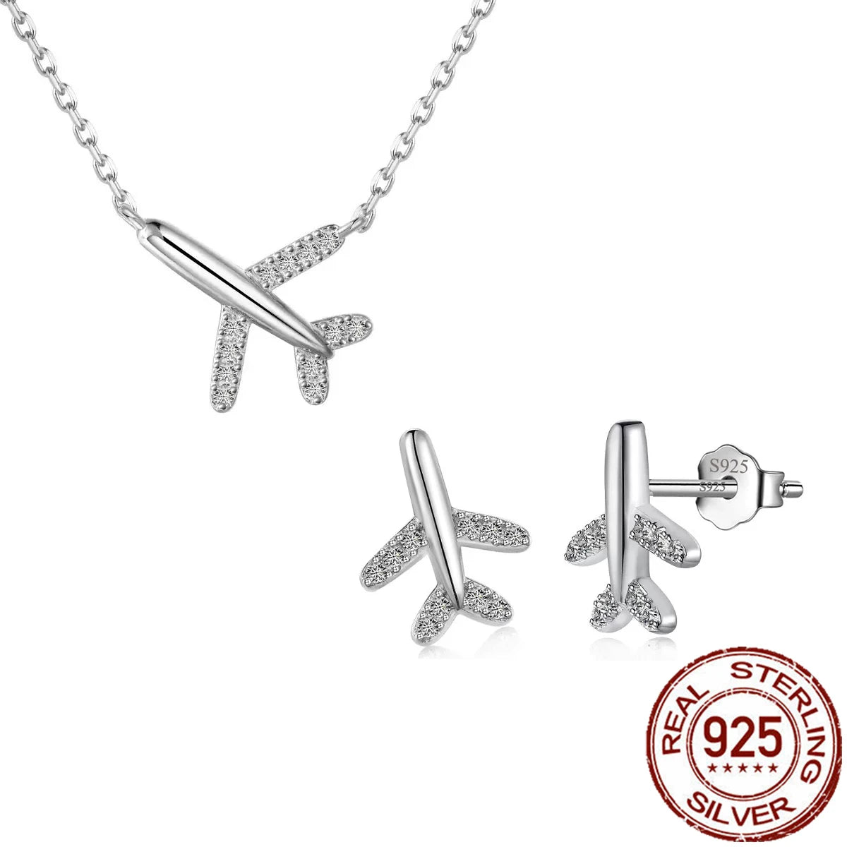 S925 Sterling Silver Jewelry Set Airplane Cubic Zirconia Pendant Necklace Stud Earrings CZ Jewelry Set for Women Girl Daily Wear