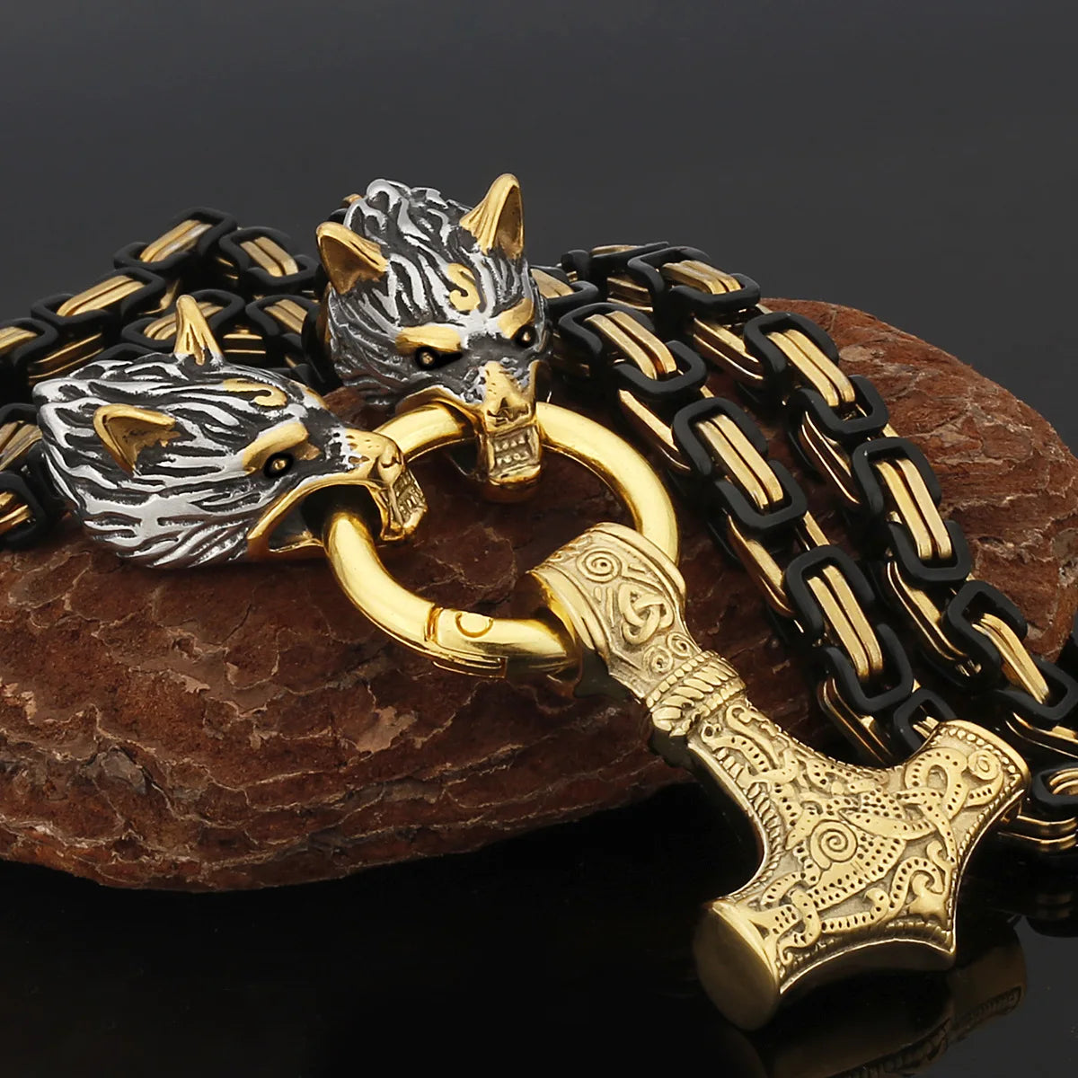 Wholesale Men's Stainless Steel Punk Pendant Necklace Gold Plated Thor Hammer Mjolnir for Mens Jewelry