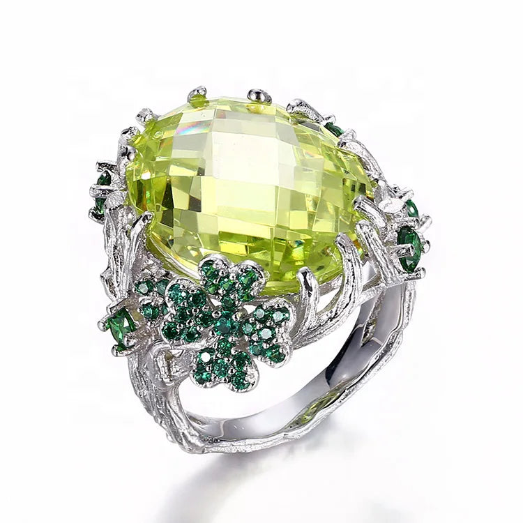 Handmade Fashion Olive Zircon 925 Sterling Silver Jewelry Rings with Bark Grain Design