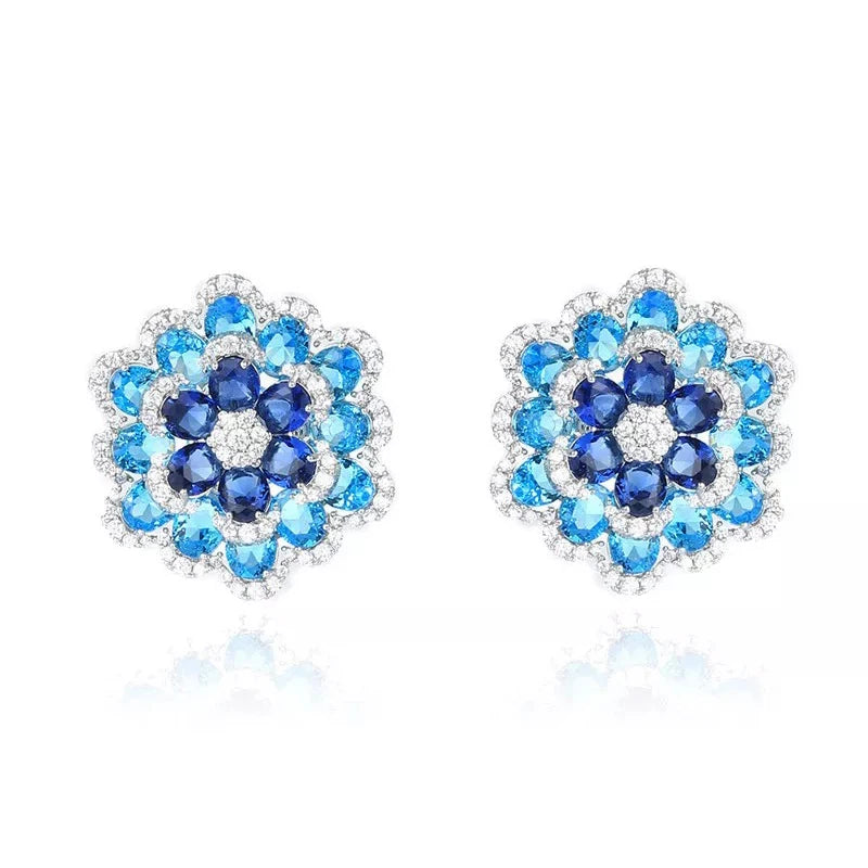 S&S Blue CZ 3D Flower Full Pavé Stud Earrings – Rhodium & 18K Gold Plated – Collection