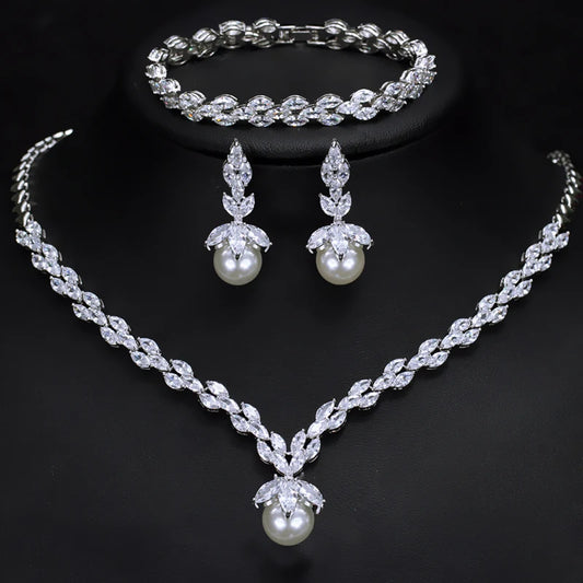3pcs Silver Color Marquise Cut Cubic Zirconia Big Pearl Drop Earring Bracelet Necklace Jewelry Sets Ladies Bridal Wedding Custom