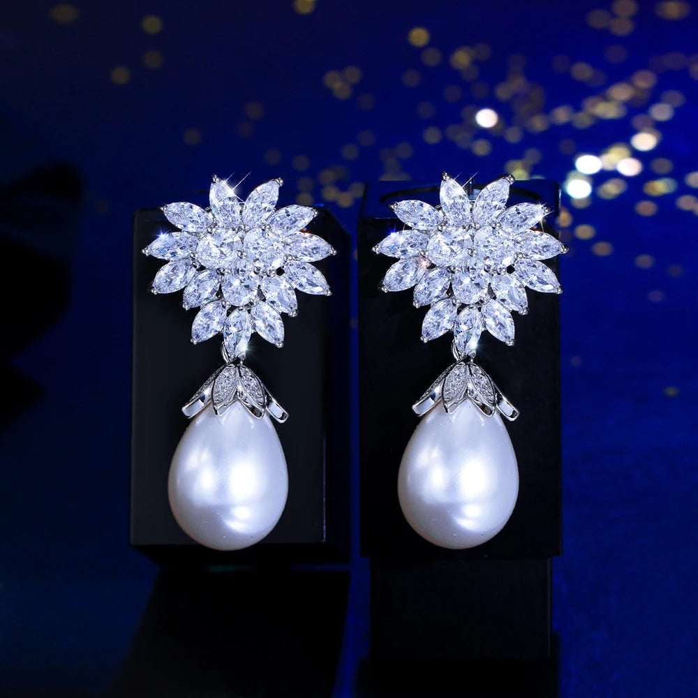 S&S White Marquise CZ Geometric Dangle Drop Earrings – Silver Plated – Collection