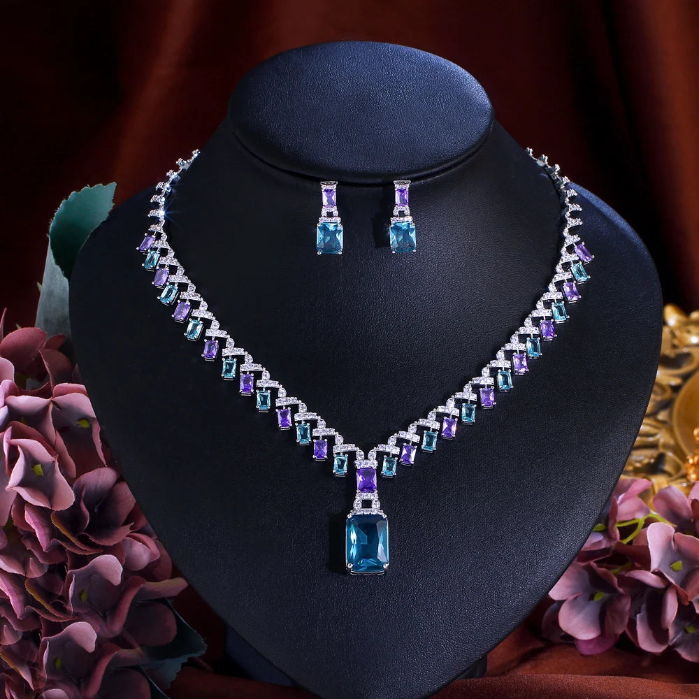 Beautiful Purple Blue Cubic Zircon Crystal Dangle Drop Bridal Wedding Necklace Earrings Party Jewelry Sets for Women