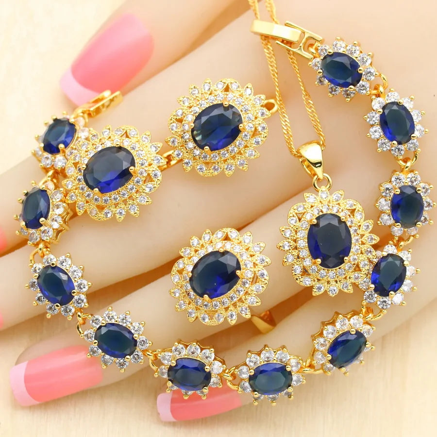 XOTICA Luxury Blue Crystal Gold Plated Wedding Jewelry Set for Women Including Earrings Pendant Ring Zircon for Parties Engagements