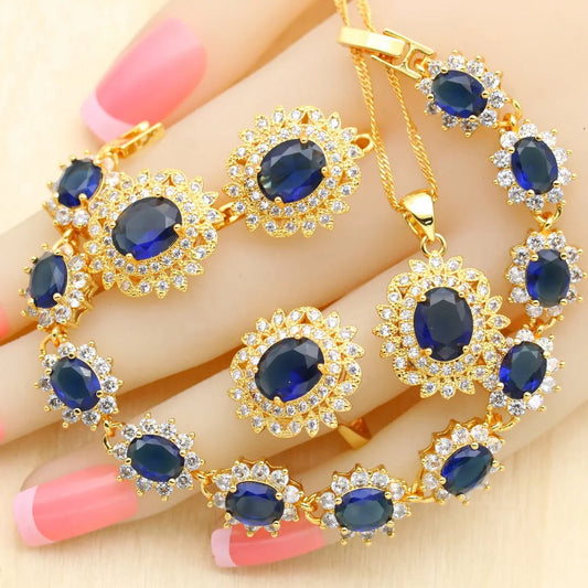 Luxury Blue Crystal Gold Plated Wedding Jewelry Set for Women Including Earrings Pendant Ring Zircon for Parties Engagements