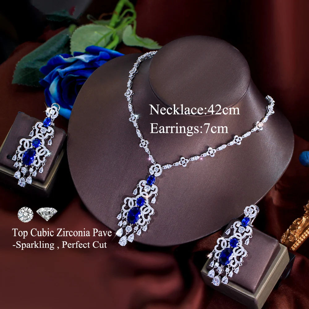 Top Quality Royal Blue Cubic Zirconia African Long Big Statement Necklace Earrings 2Pcs Sets for Women Evening Party Jewelry