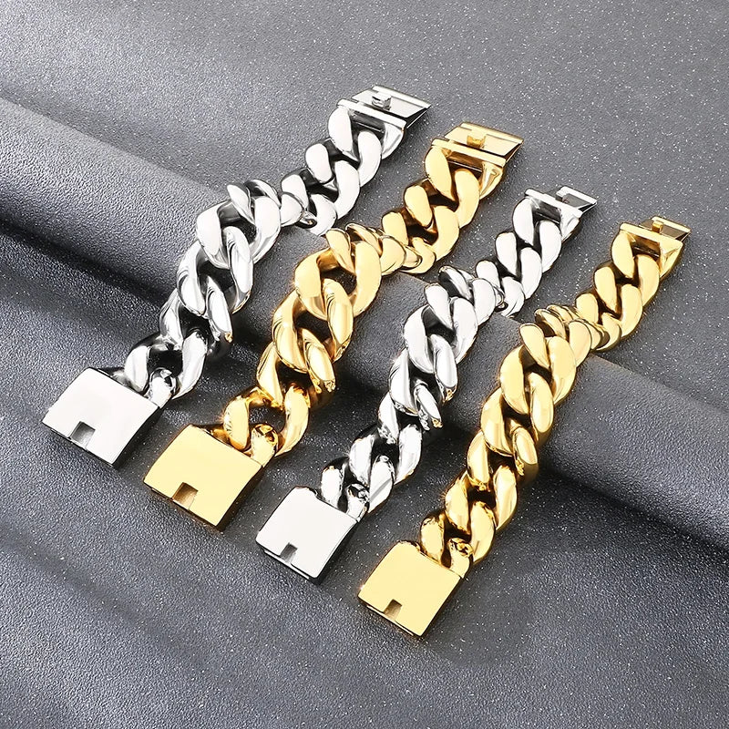 REBEL 25mm/30mm Fashion Bracelets Men Stainless Steel Cuban Link Bracelet Bangle