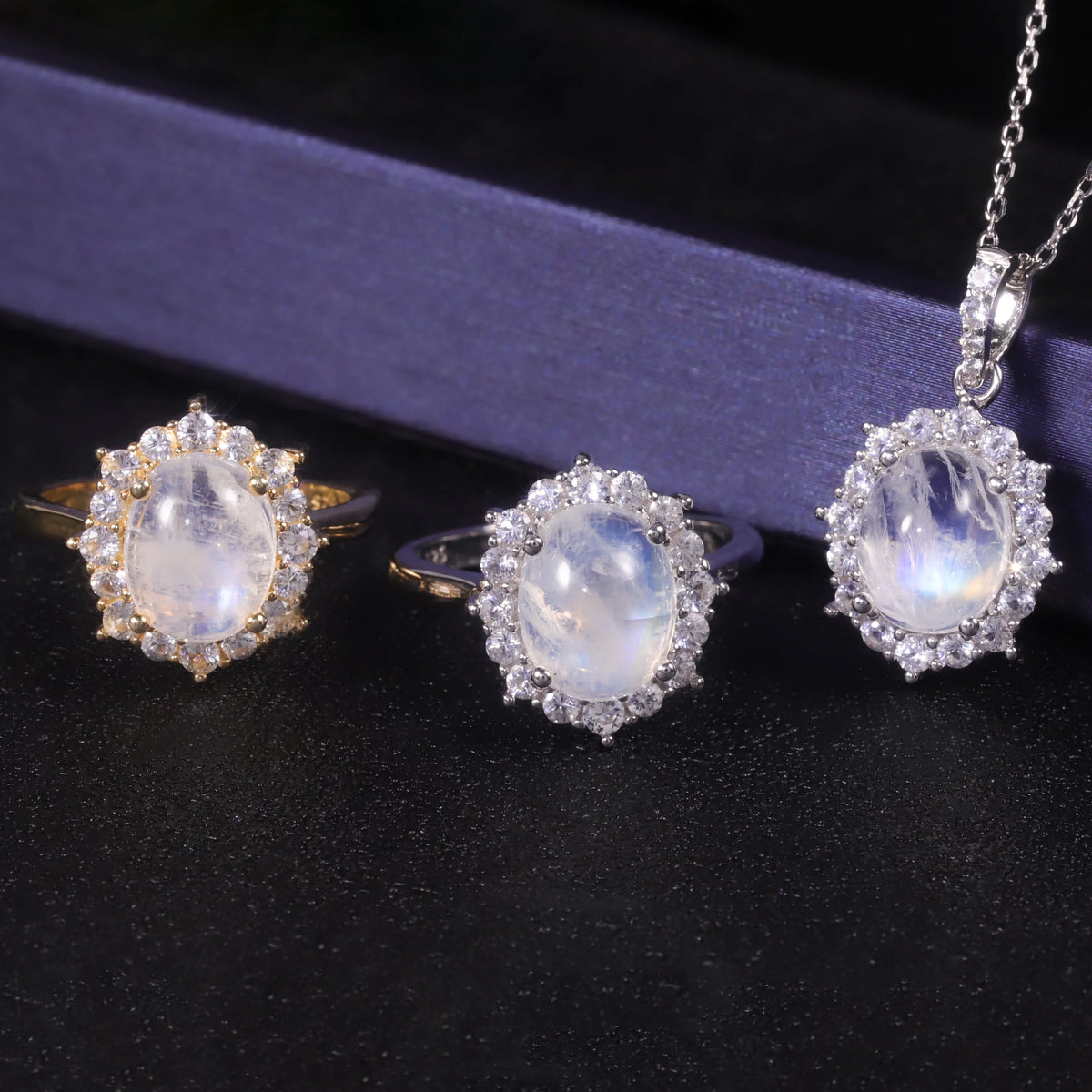 ArtistA Abiding 925 Sterling Silver White Cz Halo Oval Cut 8X10mm Milky Blue Moonstone Cluster Flower Ring Necklace Pendant Jewelry Set