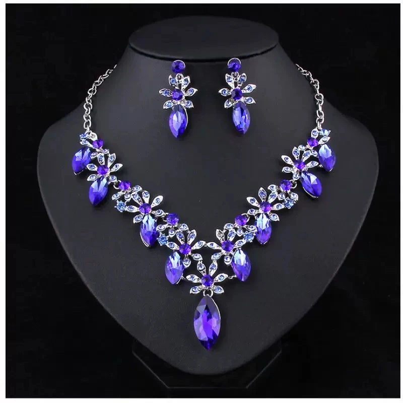 XM S383 Silver Plated Marquise Cut Zircon Floral Teardrop Necklace & Drop Earrings Set