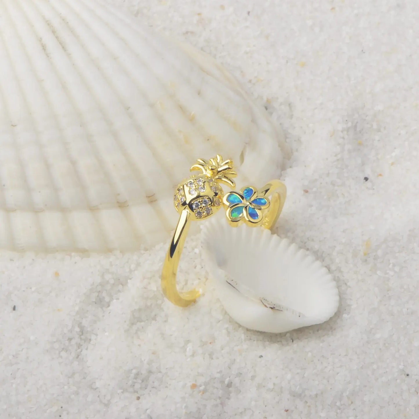 Hawaiian Pineapple Flower Opal Brass Modern Bohemian Design Ring