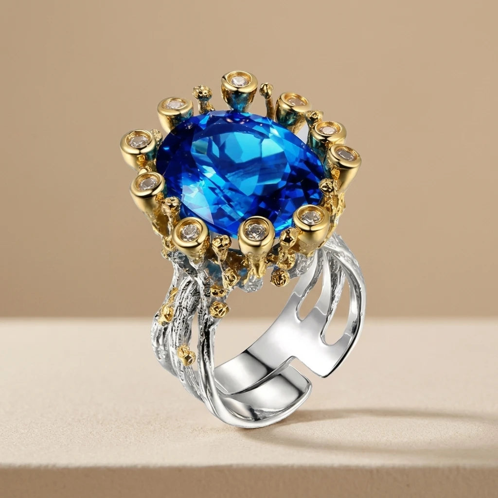 Handmade 925 Sterling Silver Big Blue Glass Finger Ring for Women