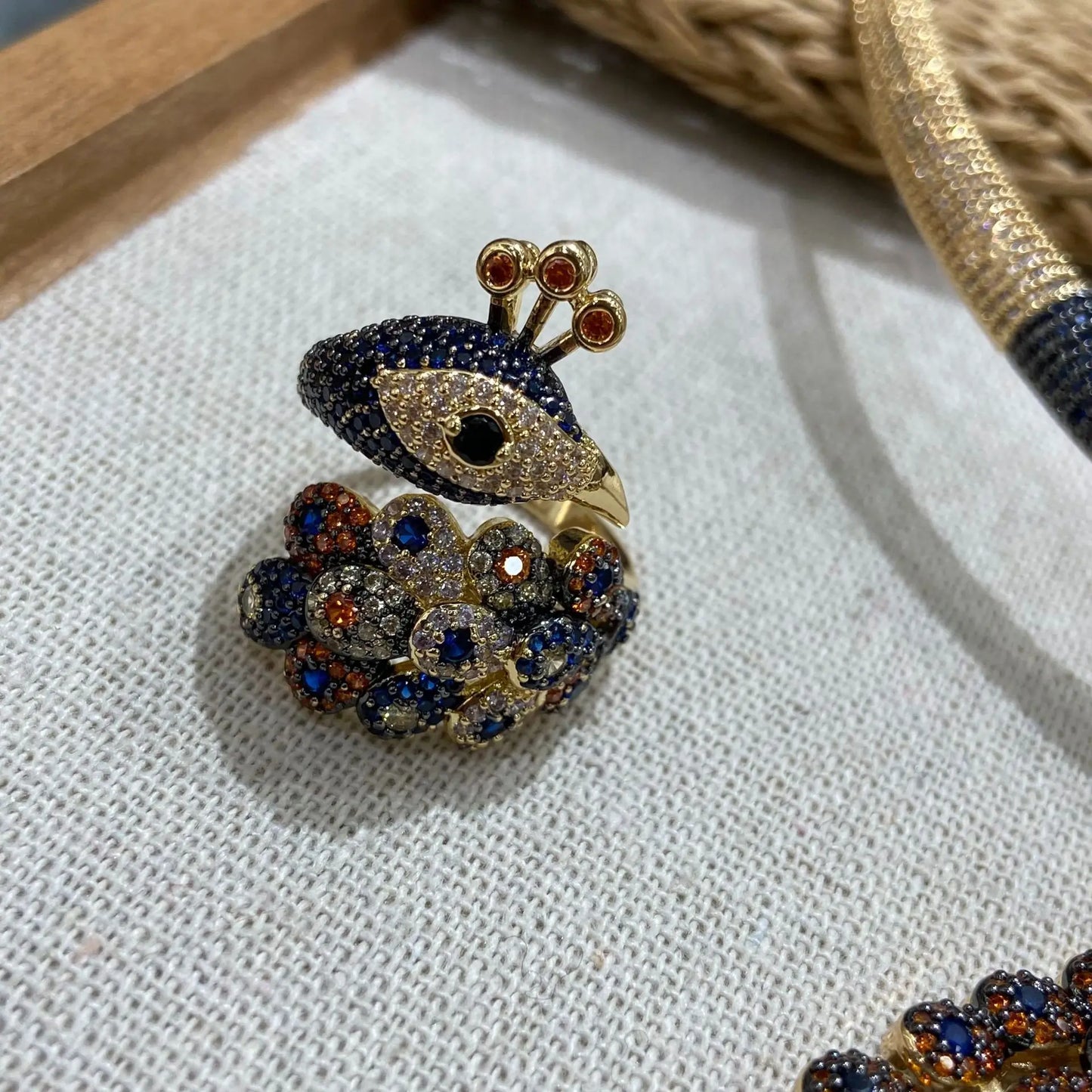 Luxury Peacock Multicolour Zirconia Gold-Plated Choker Necklace & Ring Set