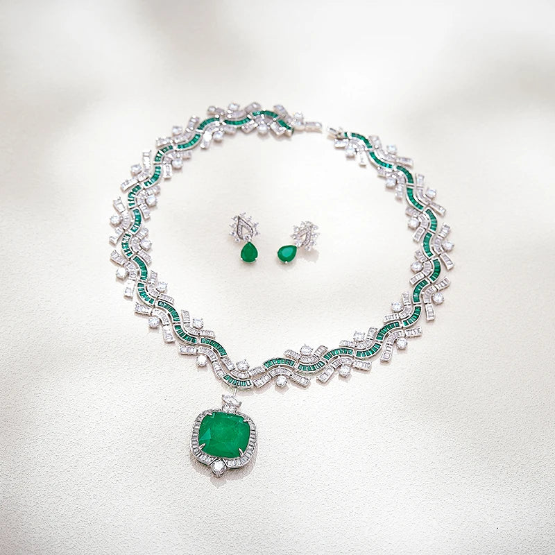 Winter Snowflake Collection Jewelry Retro Green Dove Blood Red Zircon Sapphire Necklace Earrings New Product PressConference Set