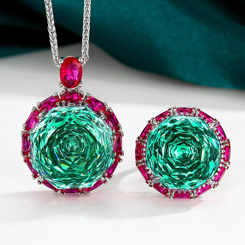 Gemfiori Luxury Women's Jewelry Set Rose Cut Green Crystal Zircon Pendant Necklace Ring Wedding Set