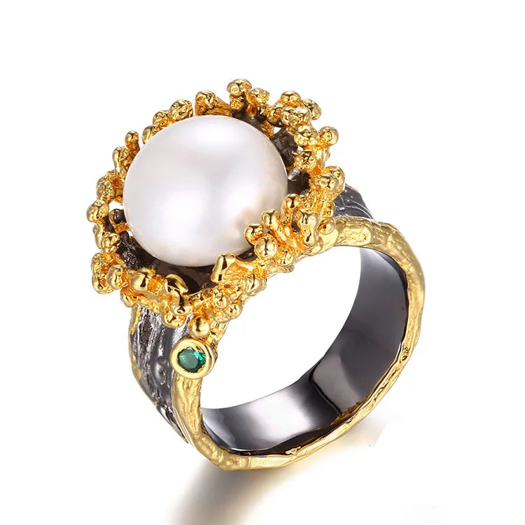 Handmade Unique Flower 925 Sterling Silver Flower Shaped Pearl Ring