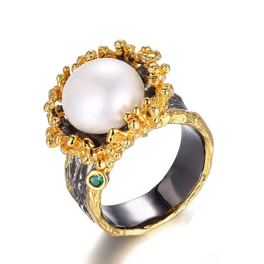 Handmade Unique Flower 925 Sterling Silver Flower Shaped Pearl Ring