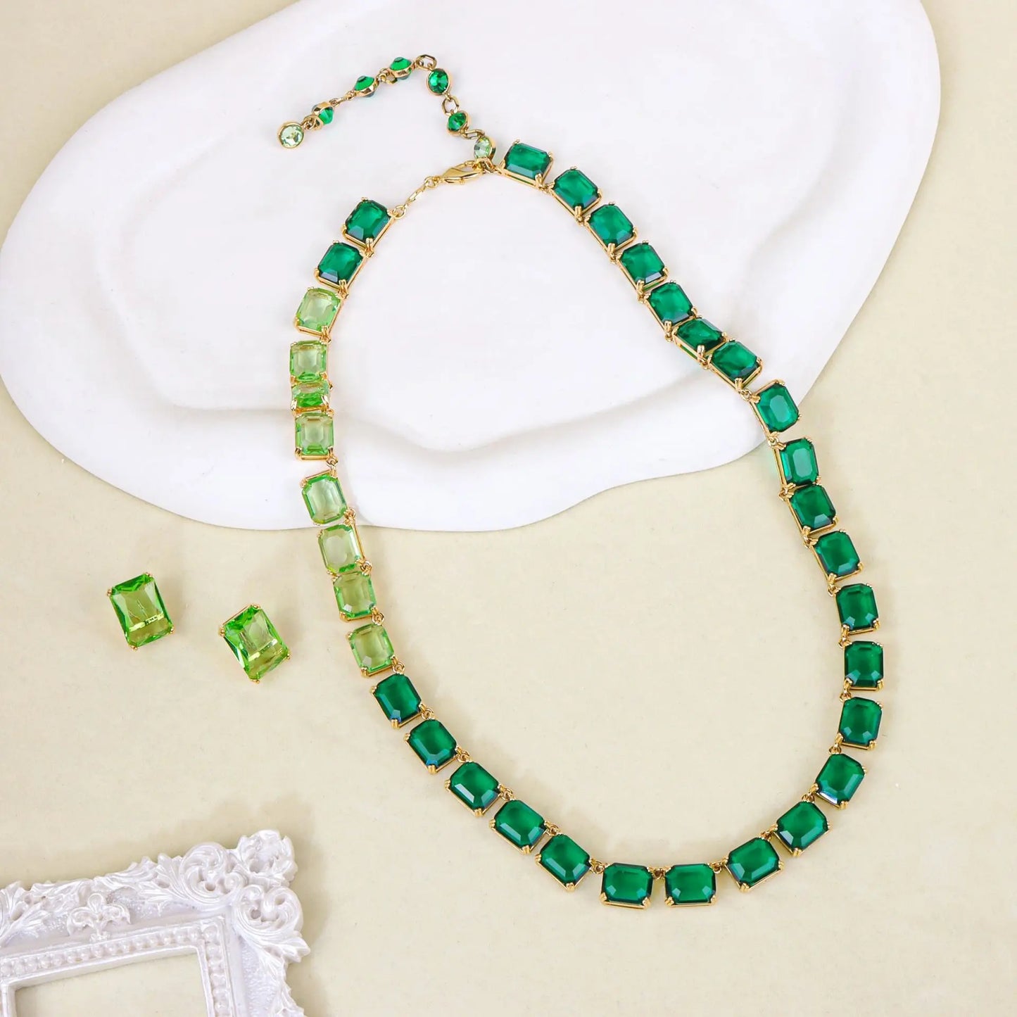 Fashion Women Jewelry Famous Brand Design Green Gradient Swarov Ski Crystal Tennis Chocker Necklace Earring Sets