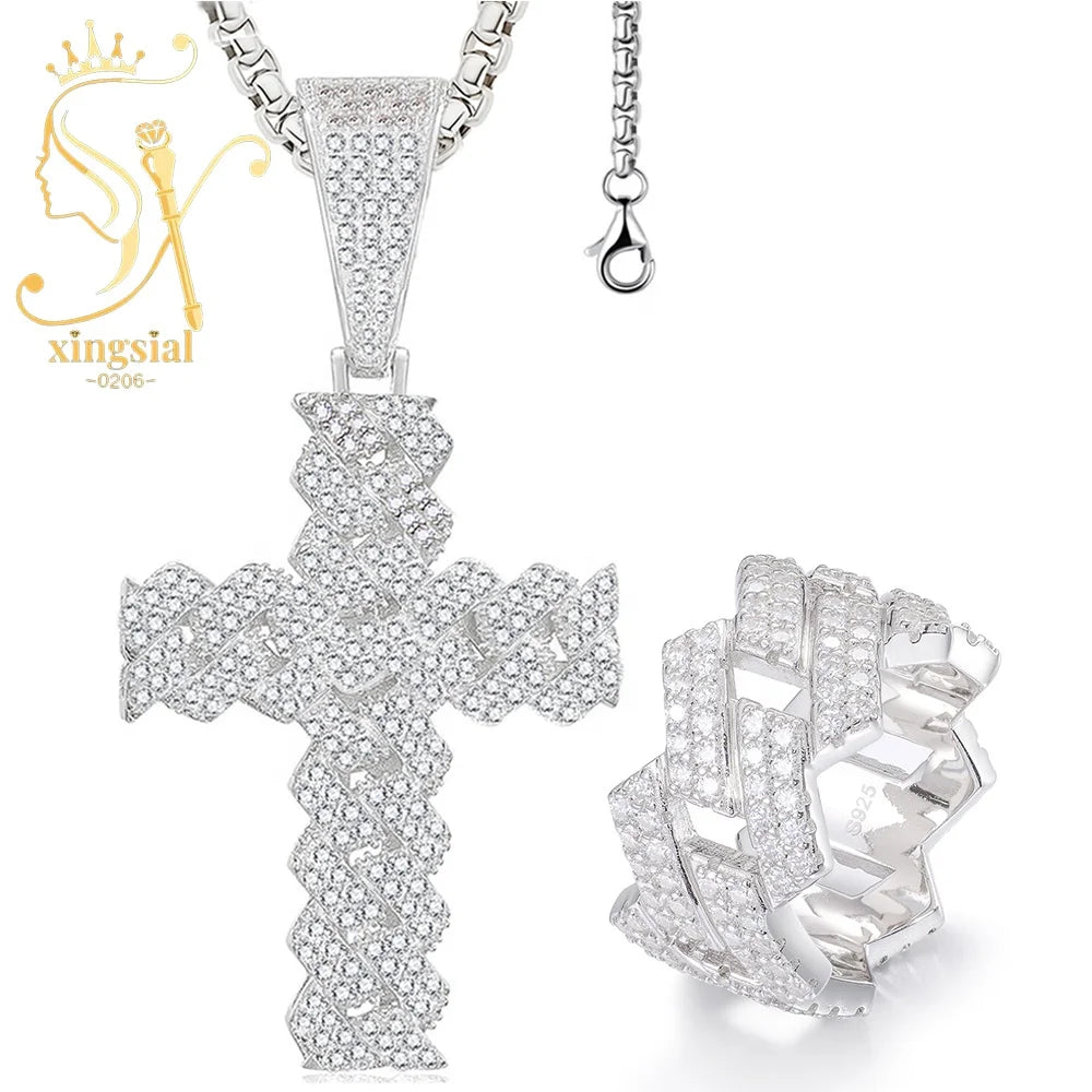 ArtistA Xingsial Custom Men's Jewelry Set 925 Sterling Silver Gold Plated Iced Moissanite Cross Pendant Cuban Link Wedding Ring