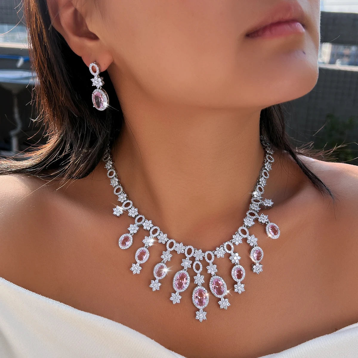 Flower Oval Cut Pink Cubic Zircon Tassel Necklace Earrings Luxury Wedding Engagement Jewelry Set for Women Birthday's Gifts