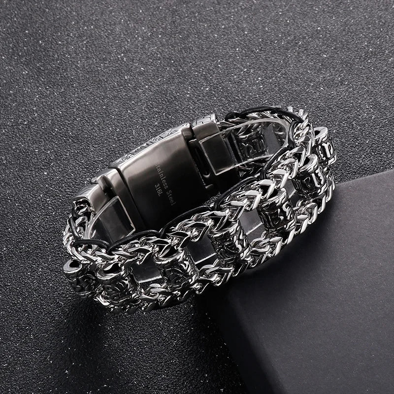 VIKING Mens Retro Stainless Steel & Cowhide Link Bracelet – Ancient Ethnic Symbols