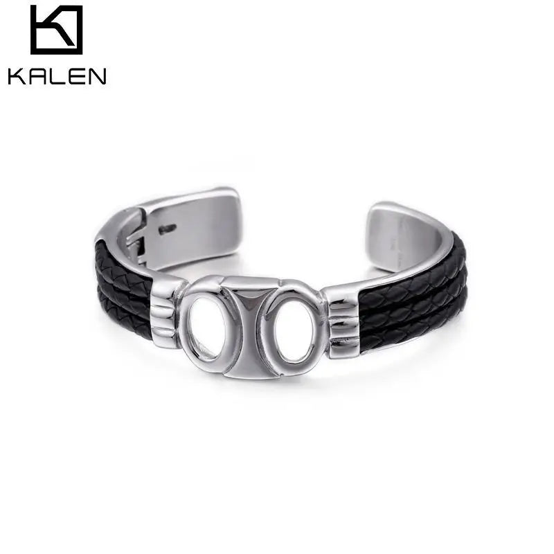 VIKING Mens Trendy Leather & Stainless Steel Cuff Bracelet – Silver