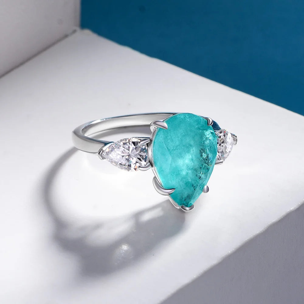 MuShan Jewelry Factory New Style of 10*14 Synthetic Paraiba Ring With Silver Plating and White Gold 6 Carats