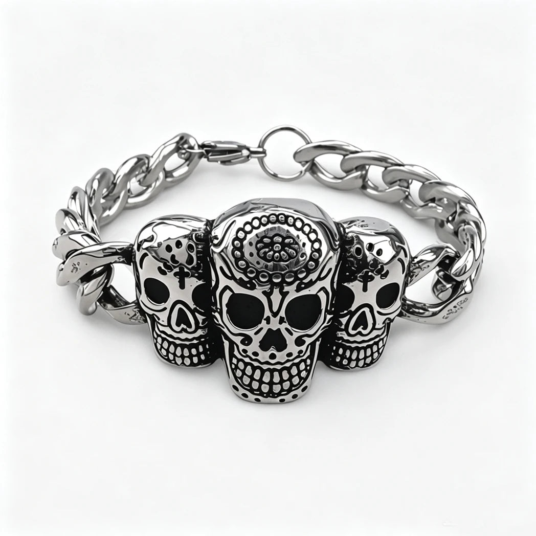 Vintage Men's Stainless Steel Bracelet Gothic Skull Celtic Knot Cross Cuban Chain Woven Braid Street Style Jewelry Gift