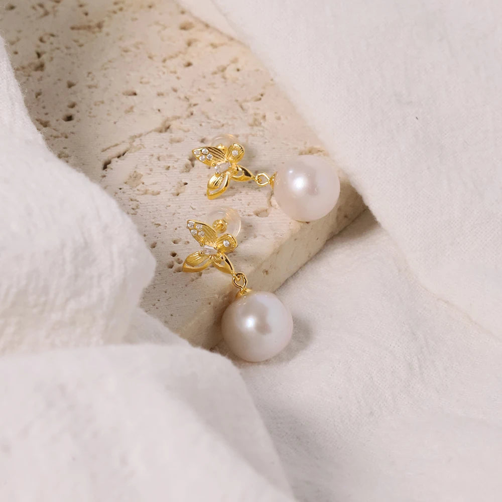 Natural Round Pearl 925 Silver Inlaid with Zircon butterfly Earrings for Women Korean Classic Vintage Fashion Jewelry Earrings